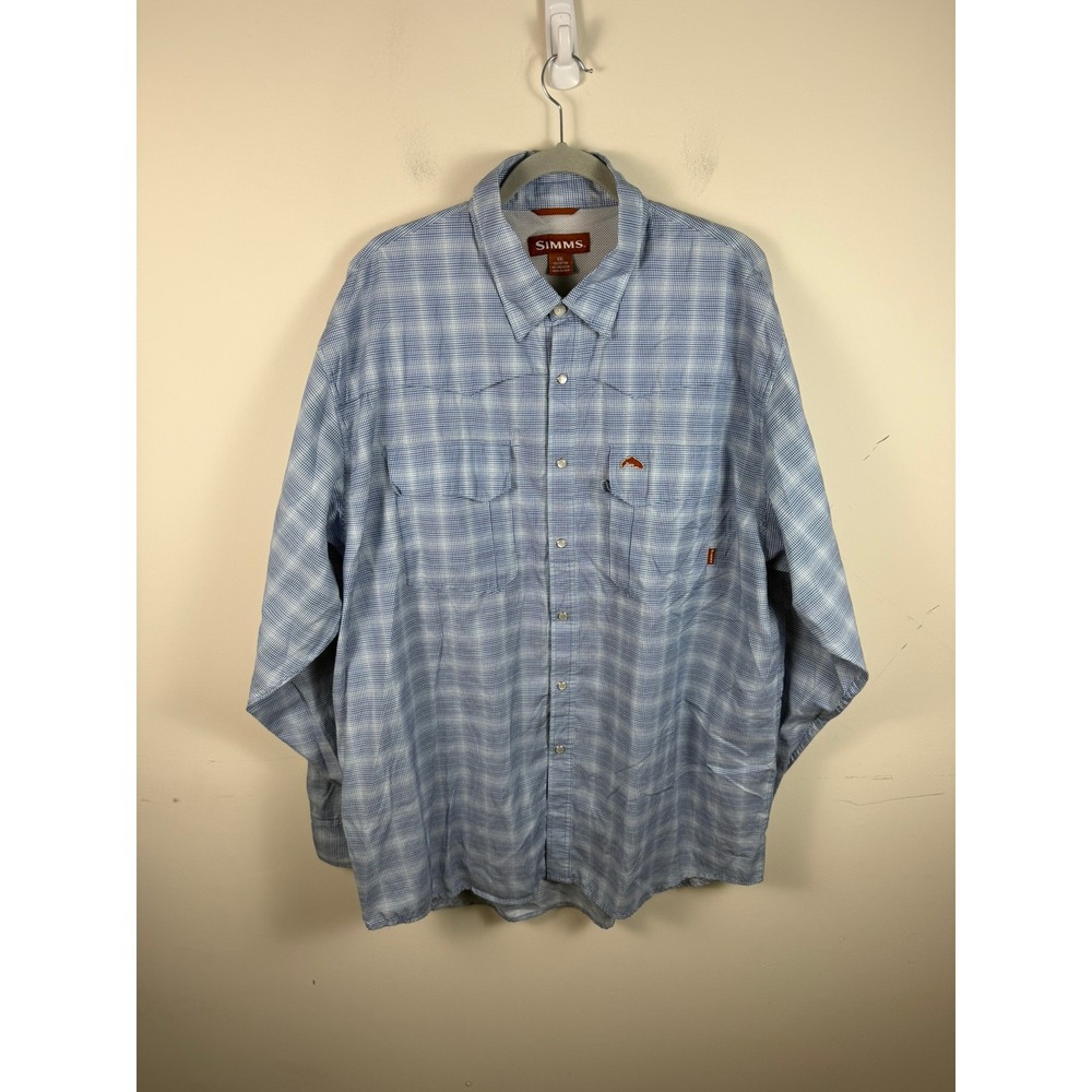 Simms Cor3 XXL Blue Plaid 3XDRY Fishing Shirt Pearl Snap Long Sleeve Ventilated
